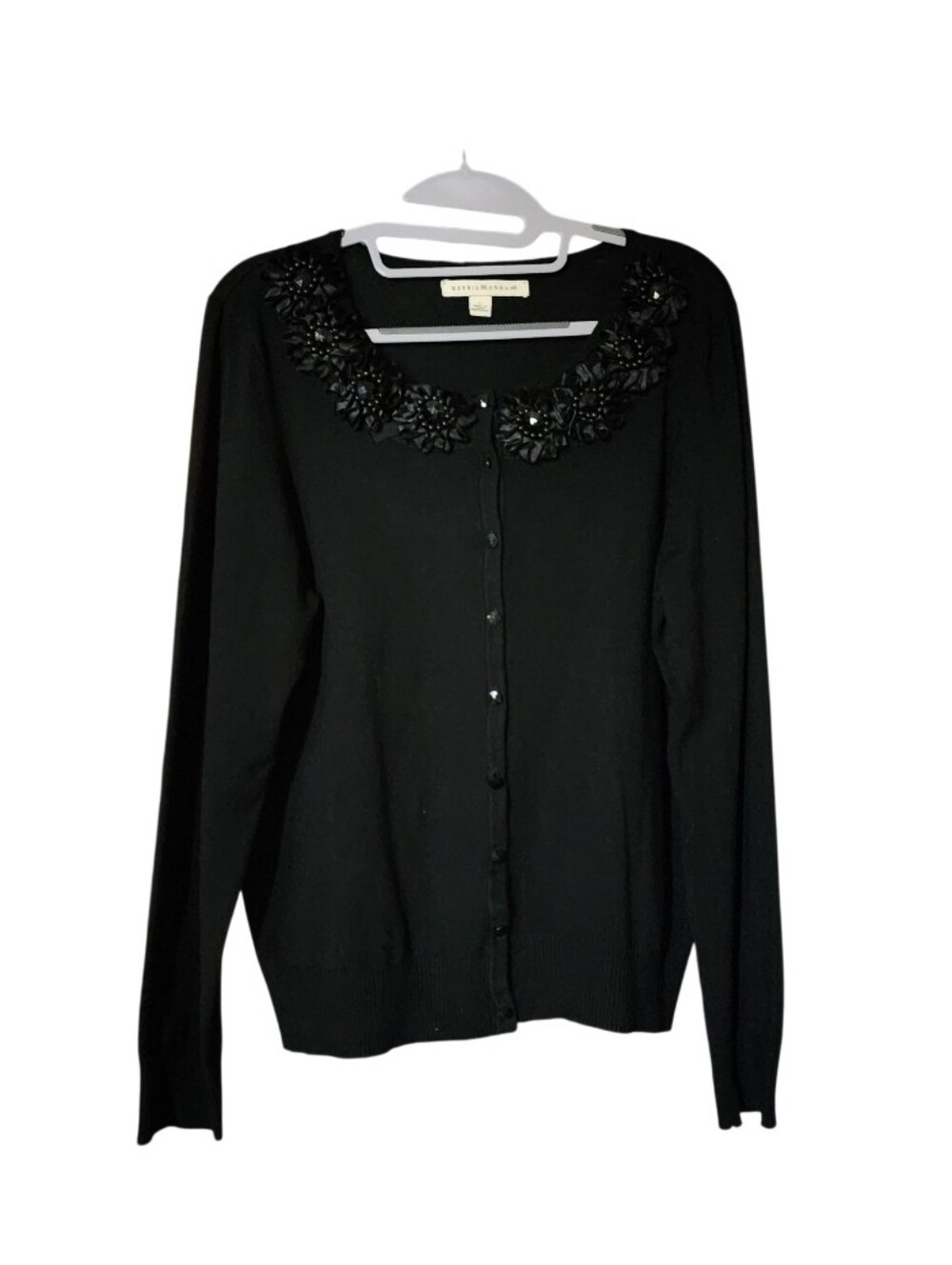 Black Embellished Necklace-Trim Cardigan Sweater - Debbie Morgan